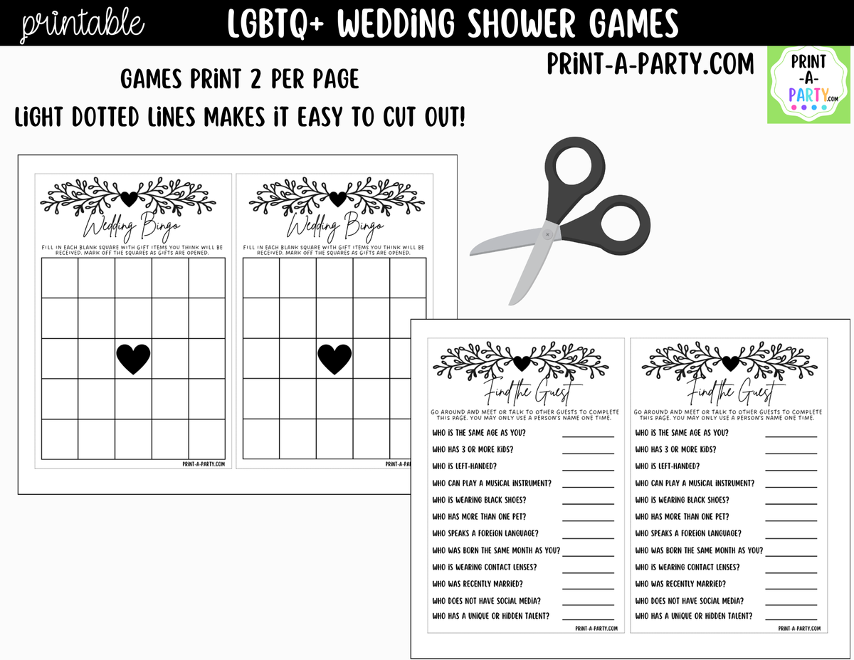 LGBTQ+ Wedding Shower Games Printable | Black Vine & Heart