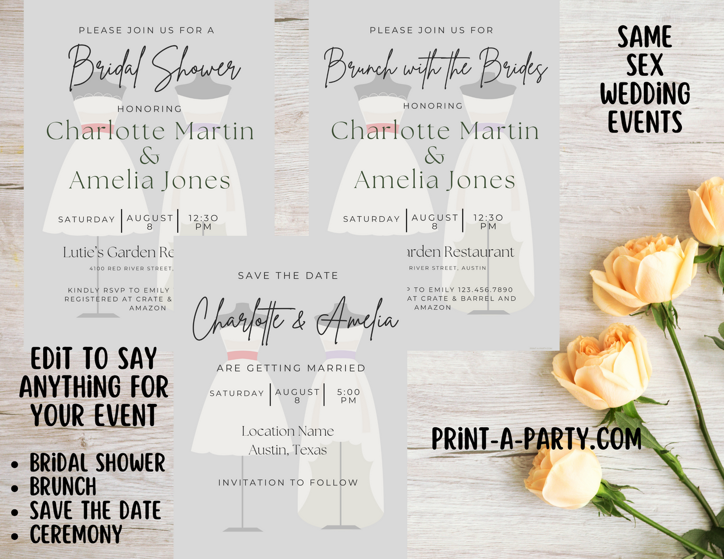 EDITABLE WEDDING EVENT INVITATION: SAME SEX Bridal Shower, Brunch, Save The Date, Editable Invite for posting or printing | Lesbian Wedding Shower | Gay Wedding