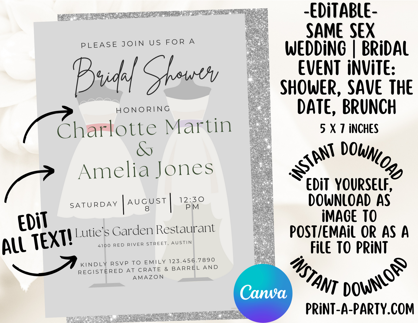 EDITABLE WEDDING EVENT INVITATION: SAME SEX Bridal Shower, Brunch, Save The Date, Editable Invite for posting or printing | Lesbian Wedding Shower | Gay Wedding