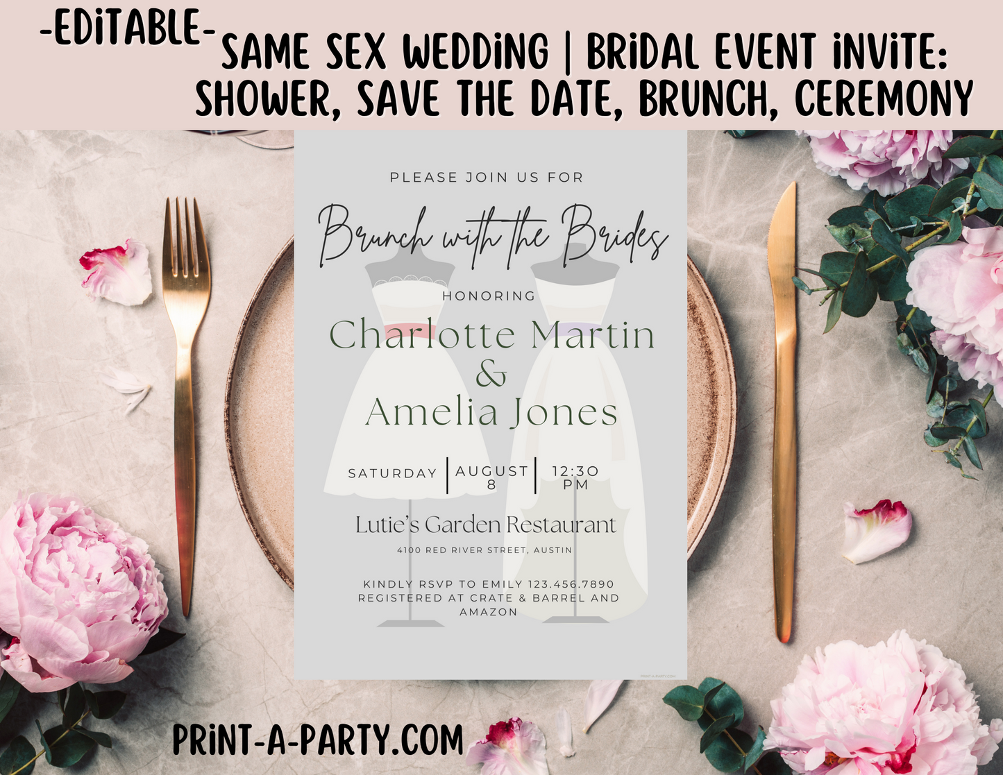 EDITABLE WEDDING EVENT INVITATION: SAME SEX Bridal Shower, Brunch, Save The Date, Editable Invite for posting or printing | Lesbian Wedding Shower | Gay Wedding