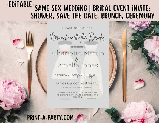 Wedding Event Invitation Template - LGBTQ+ Bridal Shower, Brunch, Save The Date, Engagement Party, Same-sex wedding