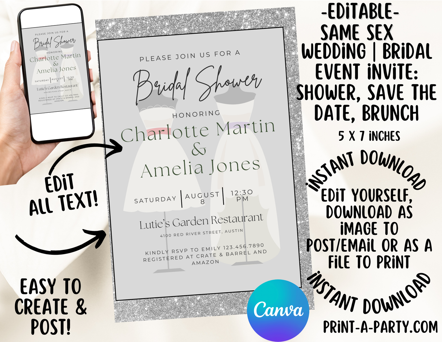 EDITABLE WEDDING EVENT INVITATION: SAME SEX Bridal Shower, Brunch, Save The Date, Editable Invite for posting or printing | Lesbian Wedding Shower | Gay Wedding