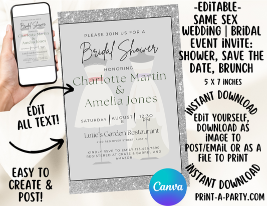 BRIDAL OR WEDDING EVENT - EDITABLE INVITATION: SAME SEX BRIDAL SHOWER, BRUNCH, SAVE THE DATE INVITATION - EDITABLE PRINTABLE | Wedding Shower| Save the Date | Bridal Brunch | Lesbian Wedding Shower | Gay Wedding