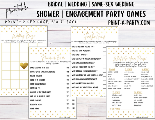 Same Sex Wedding Shower Game Bundle (4) | LGBTQ+ | Same Sex Wedding Activities | LGBTQ+ | Same Sex Weddings - Gold Polka Dots Design