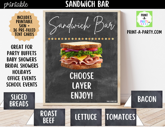 Sandwich Bar Printable Sign (8x10) + Topping Tent Cards - For Parties, Showers, Luncheons, Events