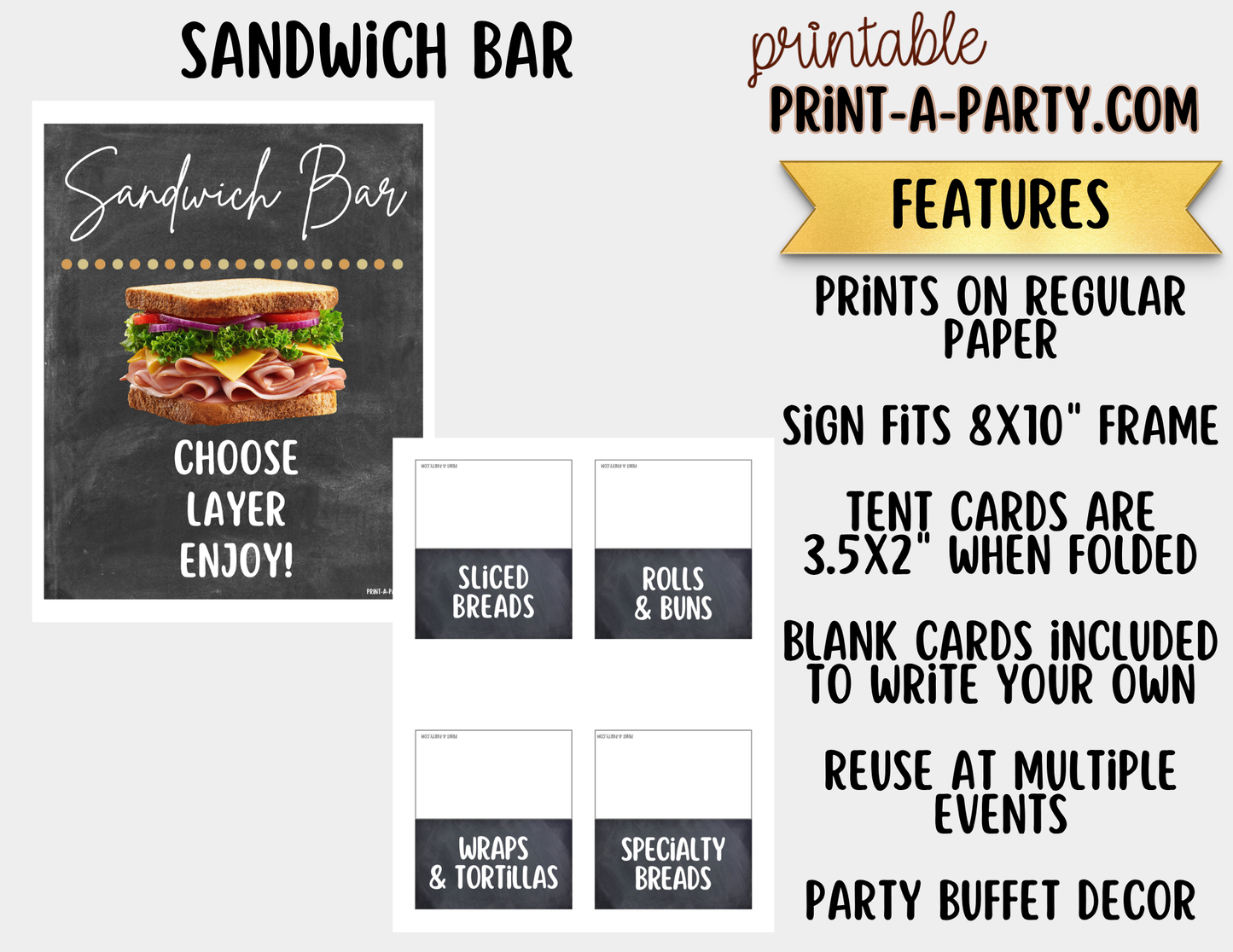 Sandwich Bar Printable Sign (8x10) + Topping Tent Cards - For Parties, Showers, Luncheons, Events