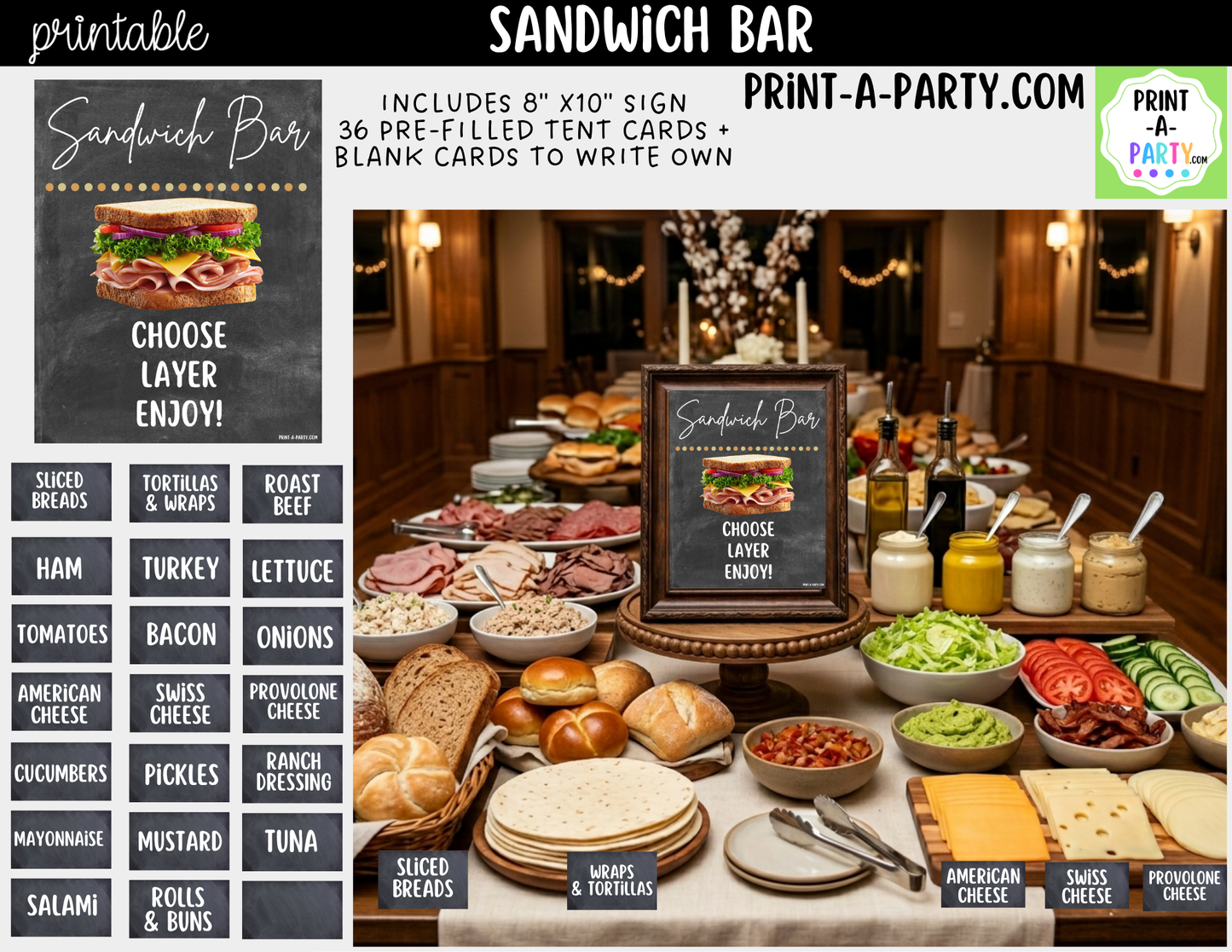 Sandwich Bar Printable Sign (8x10) + Topping Tent Cards - For Parties, Showers, Luncheons, Events