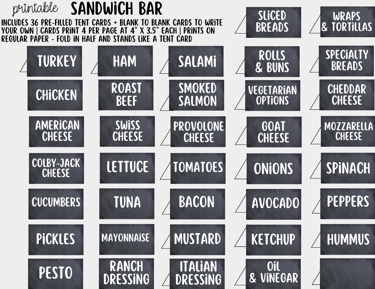 Sandwich Bar Printable Sign (8x10) + Topping Tent Cards - For Parties, Showers, Luncheons, Events