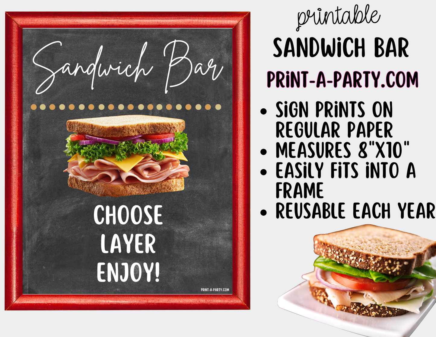 Sandwich Bar Printable Sign (8x10) + Topping Tent Cards - For Parties, Showers, Luncheons, Events