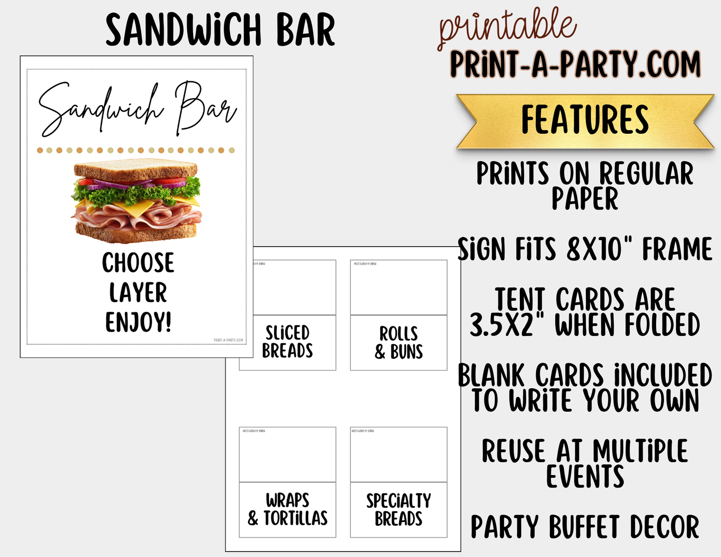 Sandwich Bar Printable Sign (8x10) + Topping Tent Cards - For Parties, Showers, Luncheons, Events