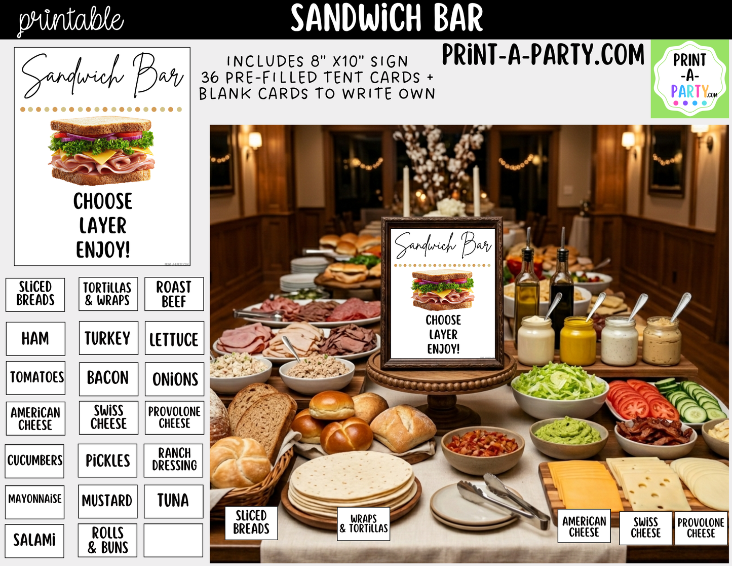 Sandwich Bar Printable Sign (8x10) + Topping Tent Cards - For Parties, Showers, Luncheons, Events
