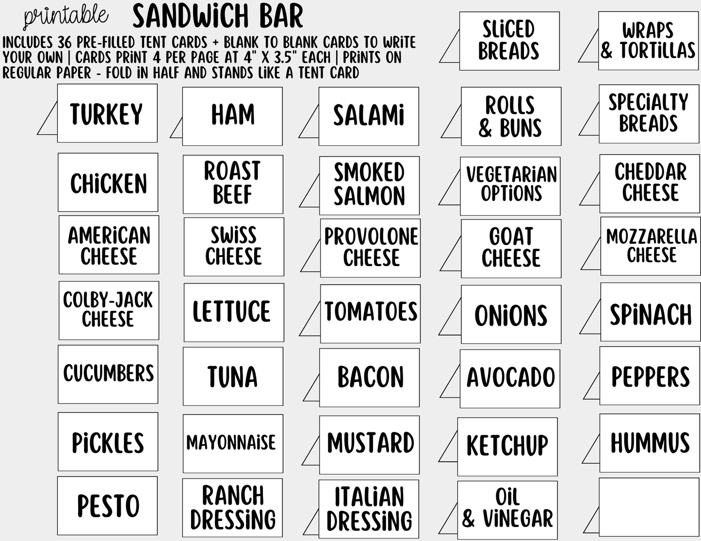 Sandwich Bar Printable Sign (8x10) + Topping Tent Cards - For Parties, Showers, Luncheons, Events