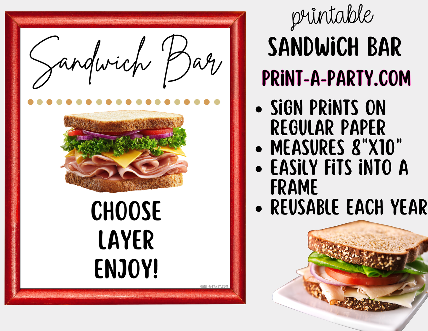 Sandwich Bar Printable Sign (8x10) + Topping Tent Cards - For Parties, Showers, Luncheons, Events