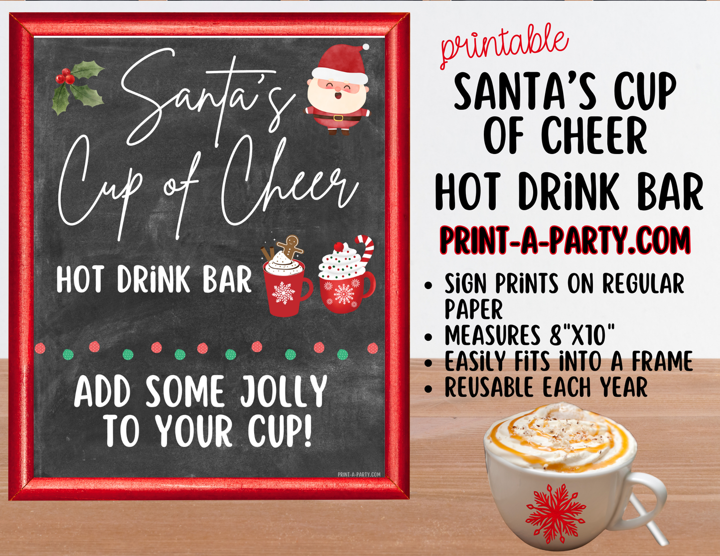 COFFEE DRINK BAR for HOLIDAYS - Chalkboard Santa’s Cup of Cheer Hot Cocoa & Coffee Bar Printables – Christmas Party Drink Station Sign & Topping Labels – Holiday Printable Decor