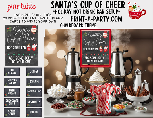 COFFEE DRINK BAR for HOLIDAYS - Chalkboard Santa’s Cup of Cheer Hot Cocoa & Coffee Bar Printables – Christmas Party Drink Station Sign & Topping Labels – Holiday Printable Decor