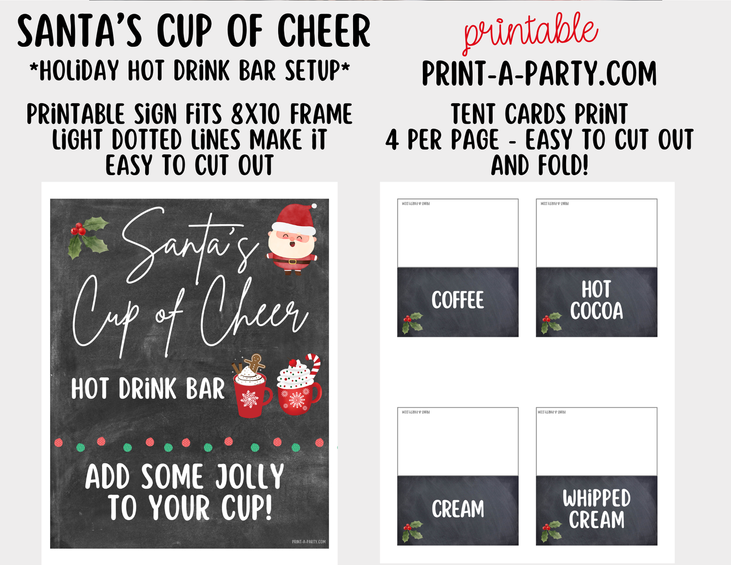 COFFEE DRINK BAR for HOLIDAYS - Chalkboard Santa’s Cup of Cheer Hot Cocoa & Coffee Bar Printables – Christmas Party Drink Station Sign & Topping Labels – Holiday Printable Decor