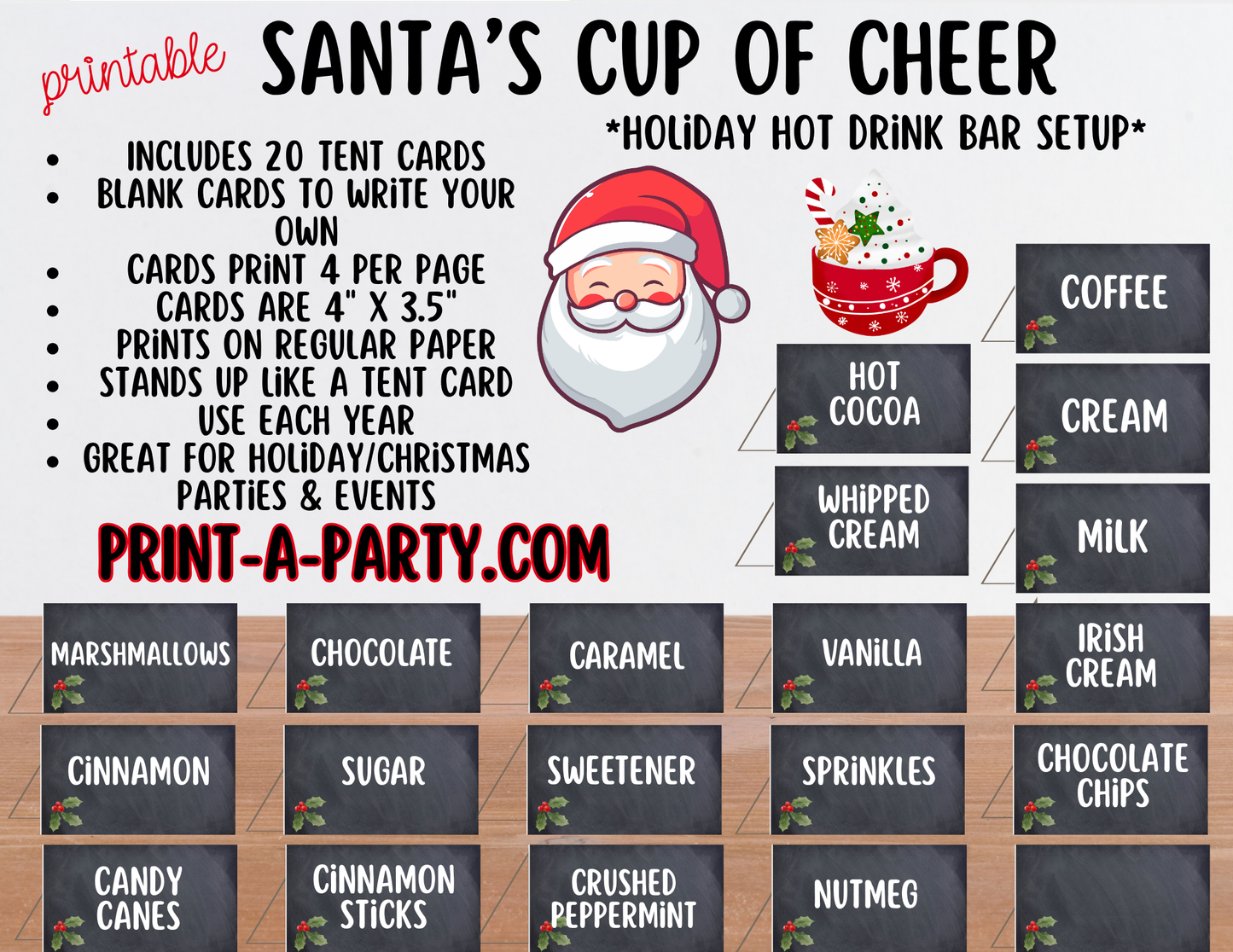 COFFEE DRINK BAR for HOLIDAYS - Chalkboard Santa’s Cup of Cheer Hot Cocoa & Coffee Bar Printables – Christmas Party Drink Station Sign & Topping Labels – Holiday Printable Decor