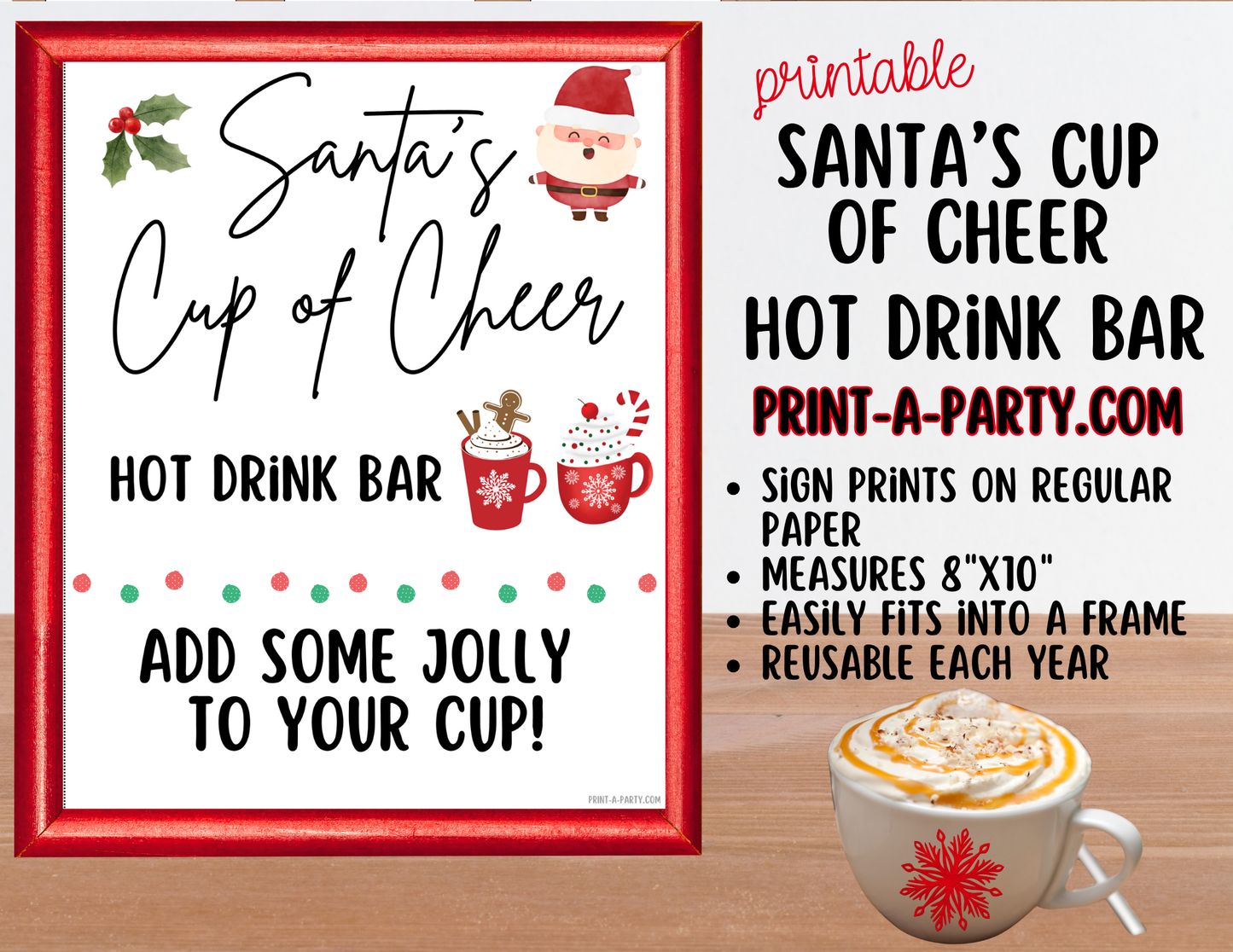 COFFEE DRINK BAR for HOLIDAYS - White Santa’s Cup of Cheer Hot Cocoa & Coffee Bar Printables – Christmas Party Drink Station Sign & Topping Labels – Holiday Printable Decor