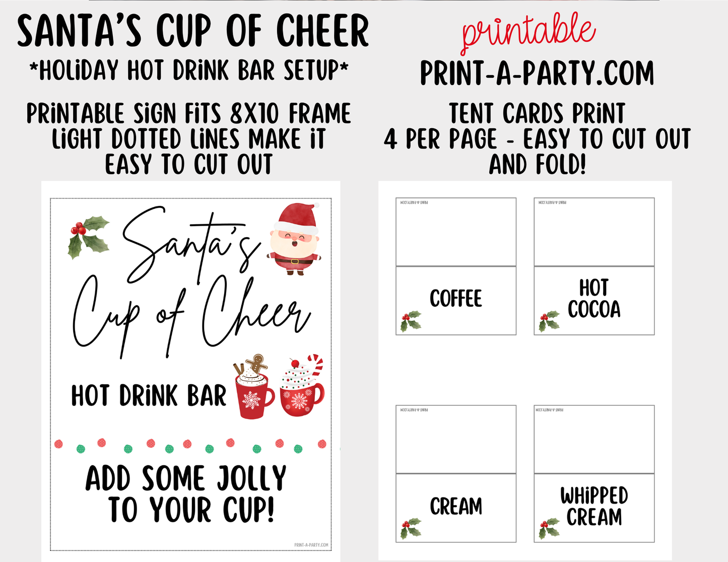 COFFEE DRINK BAR for HOLIDAYS - White Santa’s Cup of Cheer Hot Cocoa & Coffee Bar Printables – Christmas Party Drink Station Sign & Topping Labels – Holiday Printable Decor