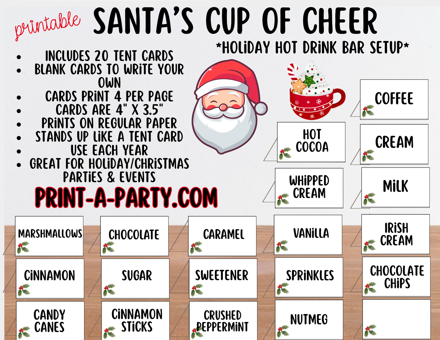 COFFEE DRINK BAR for HOLIDAYS - White Santa’s Cup of Cheer Hot Cocoa & Coffee Bar Printables – Christmas Party Drink Station Sign & Topping Labels – Holiday Printable Decor