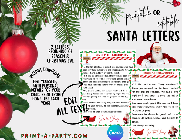 SANTA EDITABLE or PRINTABLE LETTER KIT | Christmas Letters | 2 Santa Letters | Edit with your information! Instant Download