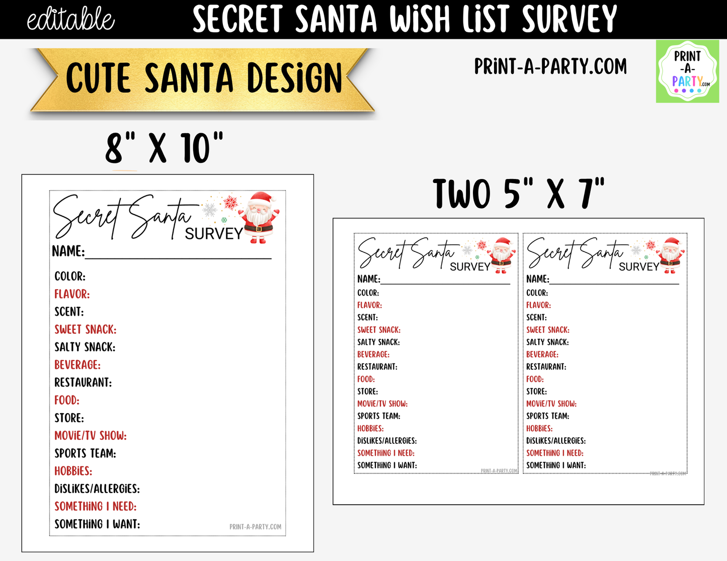 Secret Santa Wish List Printable | Holiday Gift Exchange Survey Cards