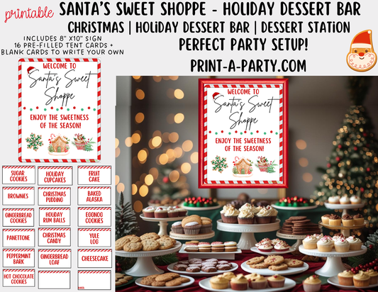 Christmas Dessert Bar - Santa’s Sweet Shoppe Printable Sign & Tent Cards | Christmas Dessert Bar Holiday Party Decorations | 8x10 Sign + Buffet Labels