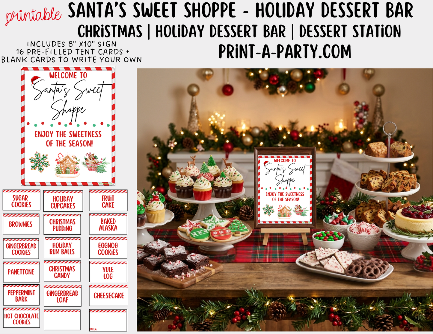 Christmas Dessert Bar - "Santa’s Sweet Shoppe" Printable Sign (8x10) & Tent Cards - Dessert Table Decor