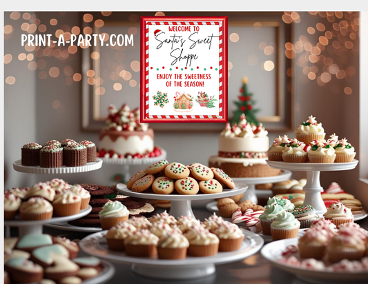 Christmas Dessert Bar - Santa’s Sweet Shoppe Printable Sign & Tent Cards | Christmas Dessert Bar Holiday Party Decorations | 8x10 Sign + Buffet Labels