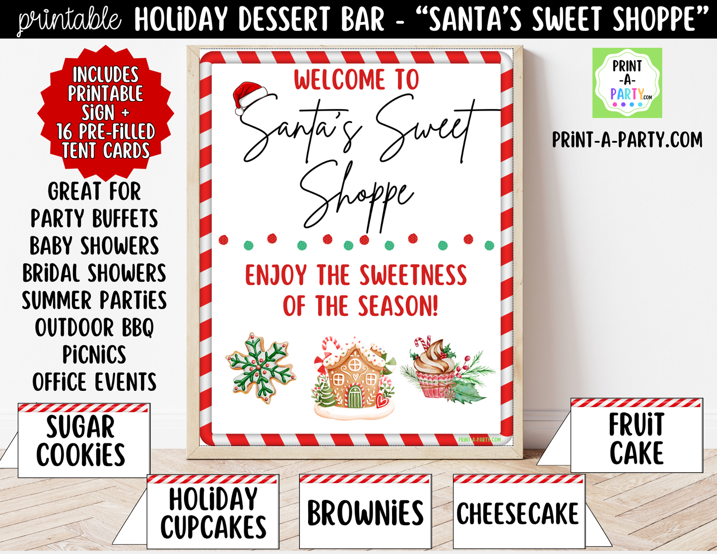 Christmas Dessert Bar - "Santa’s Sweet Shoppe" Printable Sign (8x10) & Tent Cards - Dessert Table Decor