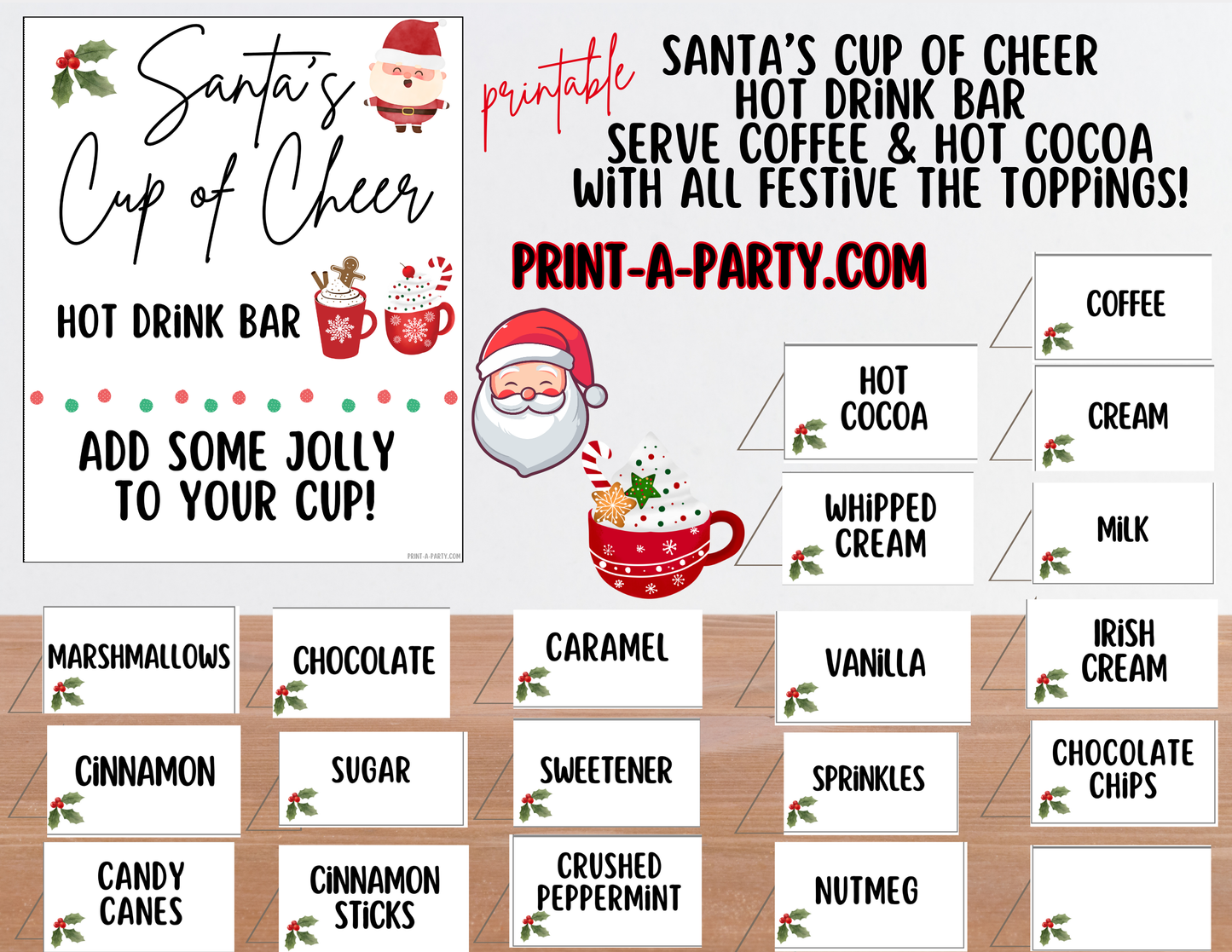 CHRISTMAS HOLIDAY SANTA'S CUP OF CHEER - Hot Drink Bar - White | Holiday Drink Bar | Holiday Party Idea | Holiday Hot Cocoa & Coffee Bar