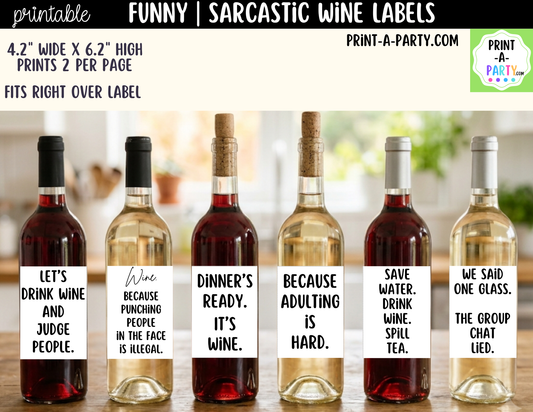 Funny Wine Labels Printable | Sarcastic Wine Bottle Labels | Girls’ Night Gift | Hostess Gift | Wine Bottle Labels