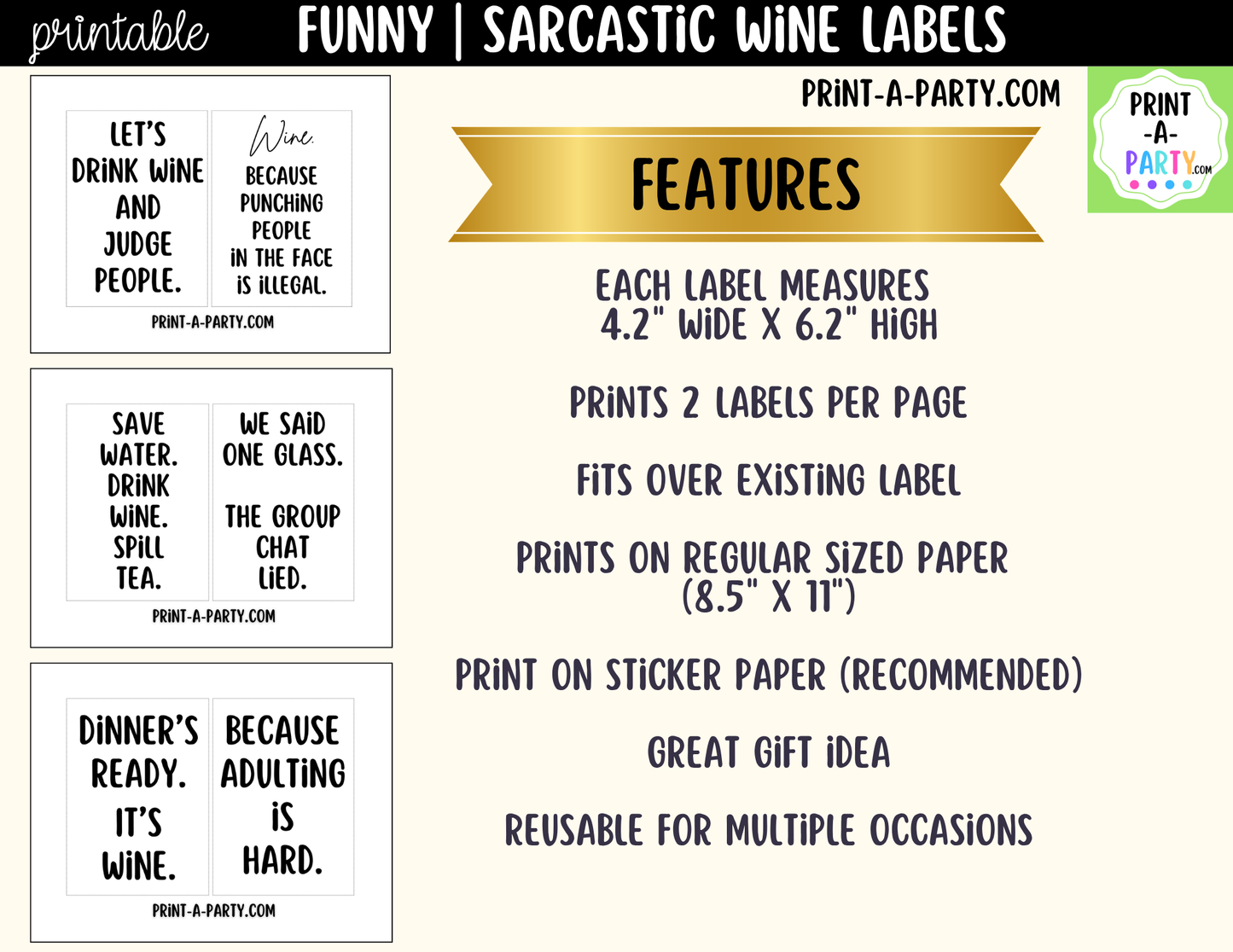 Funny Wine Labels Printable | Sarcastic Wine Bottle Labels | Girls’ Night Gift | Hostess Gift | Wine Bottle Labels