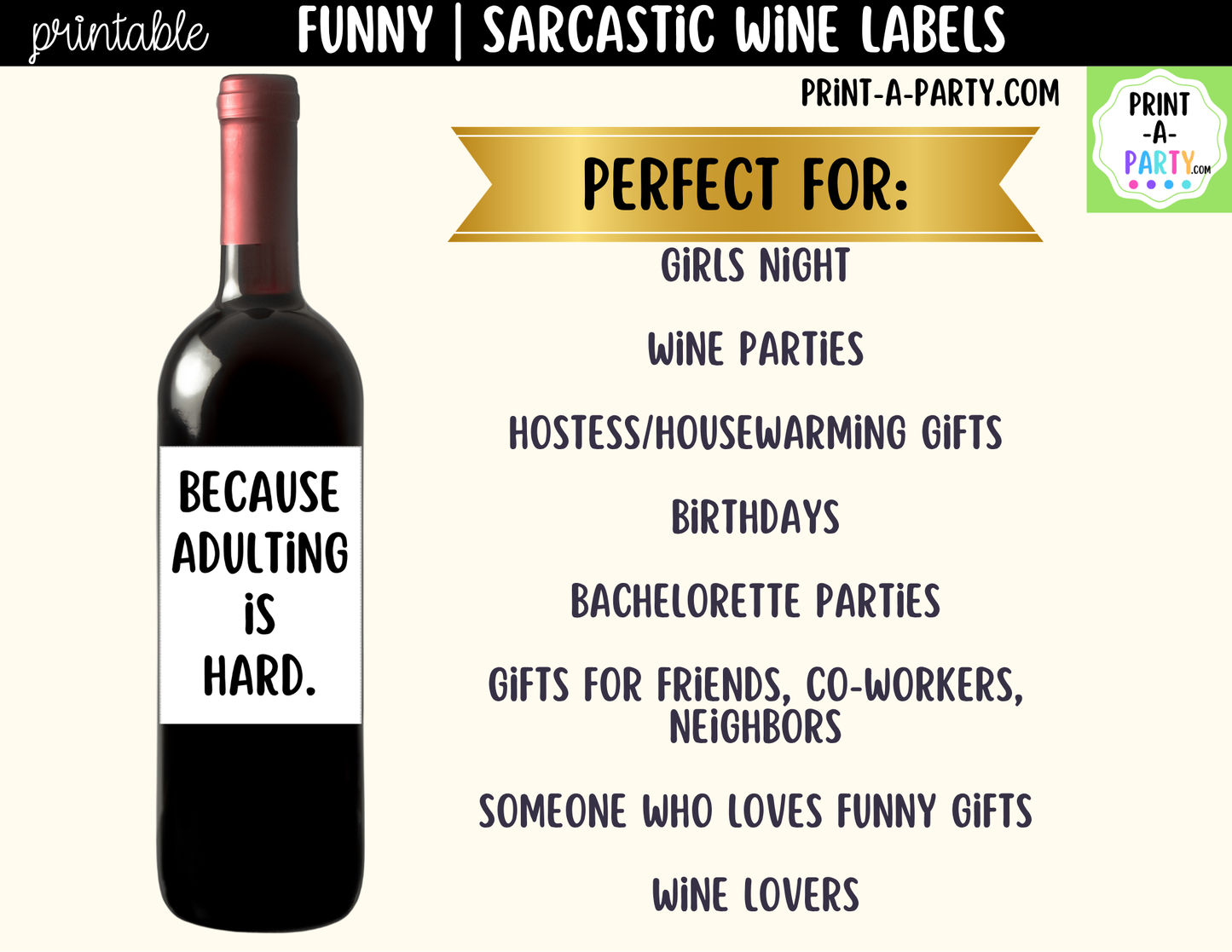 Funny Wine Labels Printable | Sarcastic Wine Bottle Labels | Girls’ Night Gift | Hostess Gift | Wine Bottle Labels