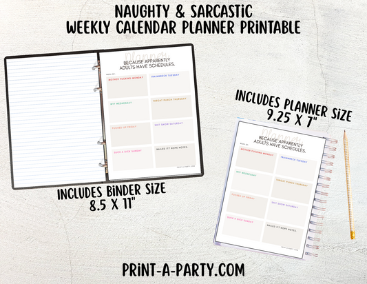 Weekly Calendar - Naughty & Sarcastic Weekly Planner Printable - Get Organized with Attitude
