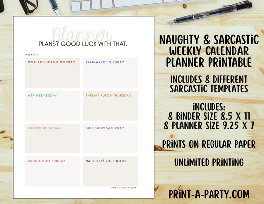 Weekly Calendar - Naughty & Sarcastic Weekly Planner Printable - Get Organized with Attitude