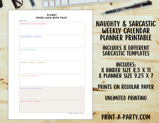 Weekly Calendar - Naughty & Sarcastic Weekly Planner Printable - Get Organized with Attitude