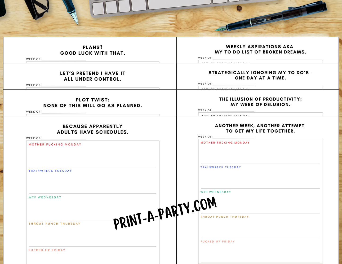 Weekly Calendar - Naughty & Sarcastic Weekly Planner Printable - Get Organized with Attitude