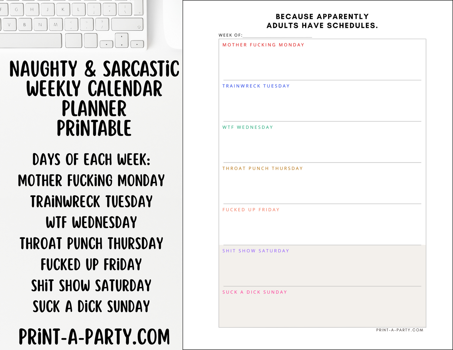 Weekly Calendar - Naughty & Sarcastic Weekly Planner Printable - Get Organized with Attitude