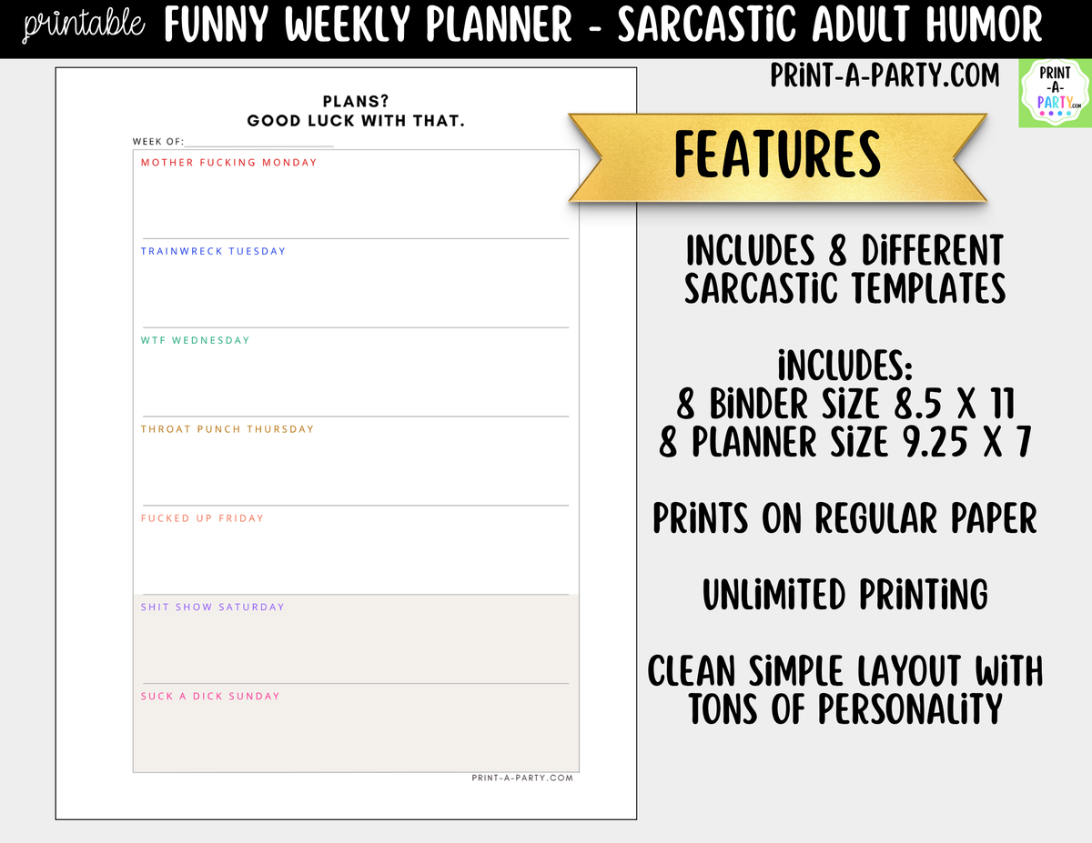 Funny Weekly Planner Printable | Sarcastic Adult Humor