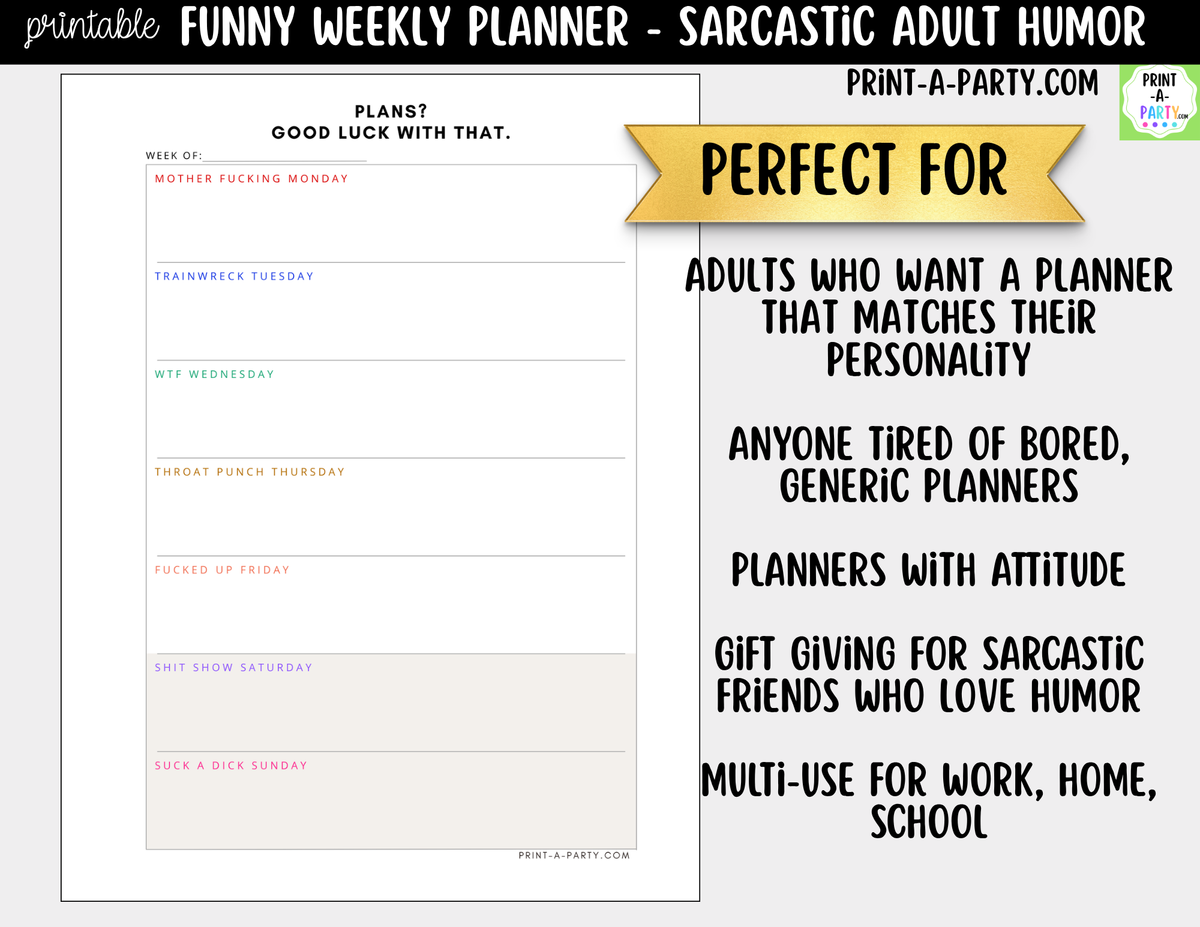 Funny Weekly Planner Printable | Sarcastic Adult Humor