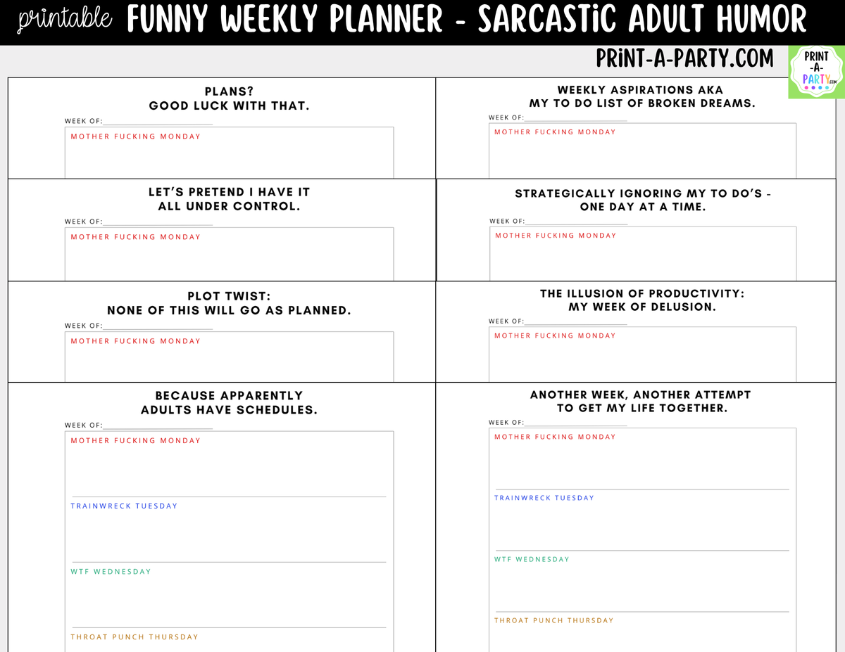 Funny Weekly Planner Printable | Sarcastic Adult Humor
