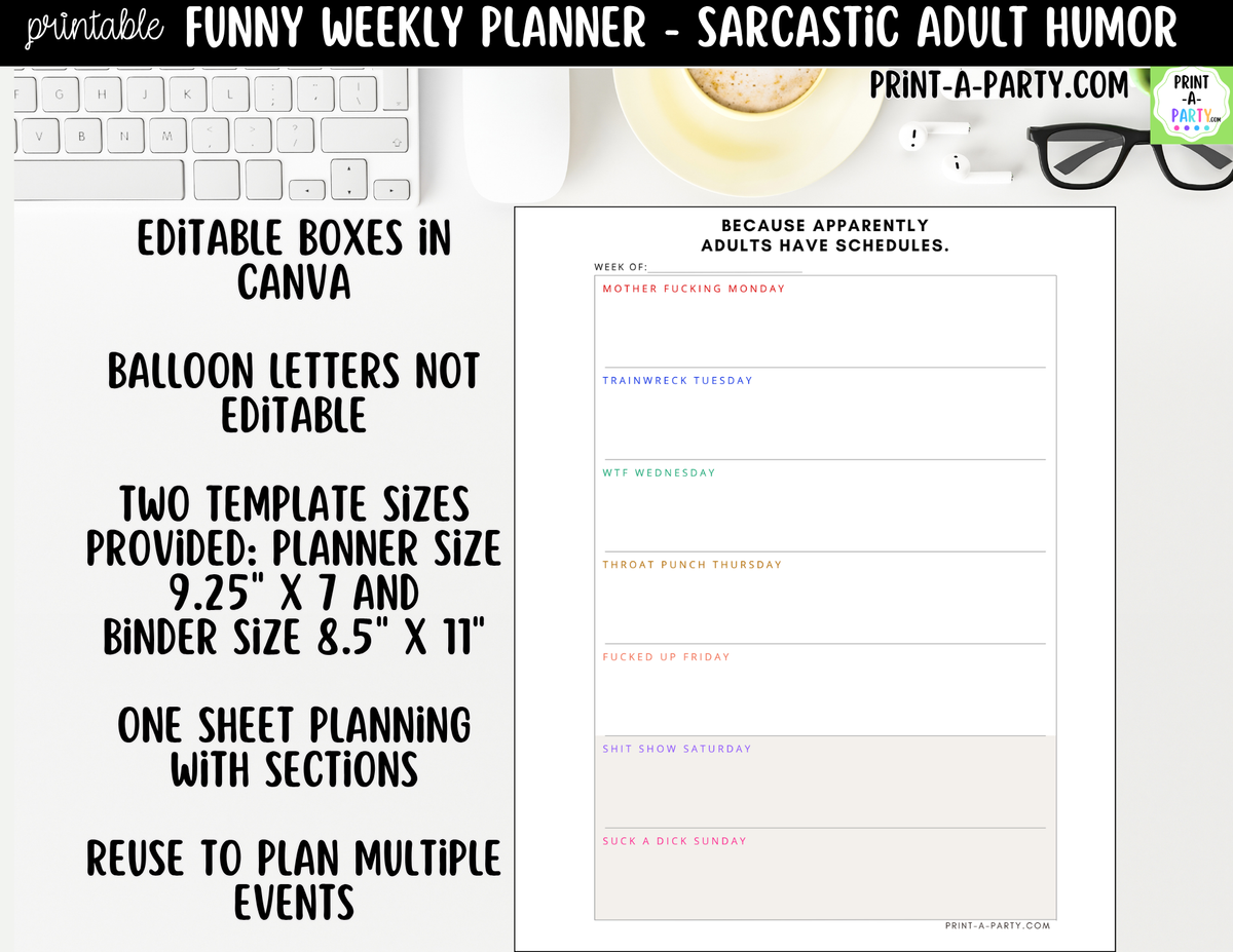 Funny Weekly Planner Printable | Sarcastic Adult Humor