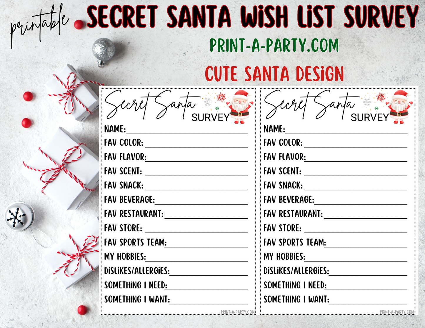 SECRET SANTA SURVEY | Questionnaire Printable | Secret Santa Gift Exchange | Secret Santa Wish List | Co Worker Christmas | Grab Bag Gifts