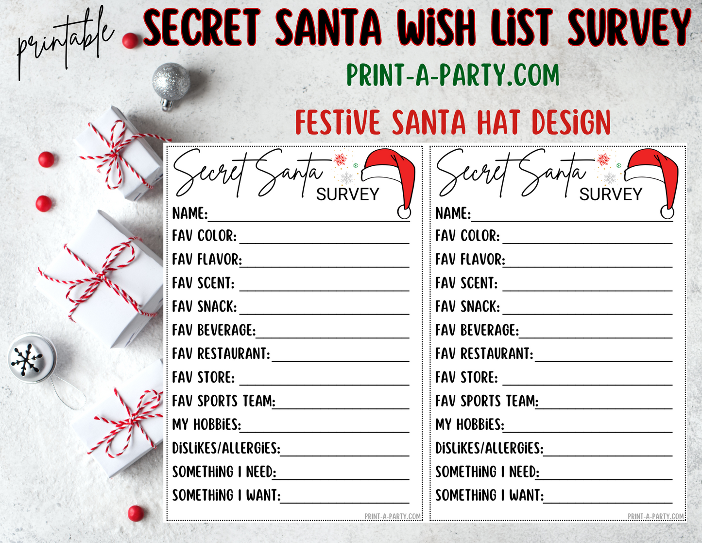 SECRET SANTA SURVEY | Questionnaire Printable | Secret Santa Gift Exchange | Secret Santa Wish List | Co Worker Christmas | Grab Bag Gifts