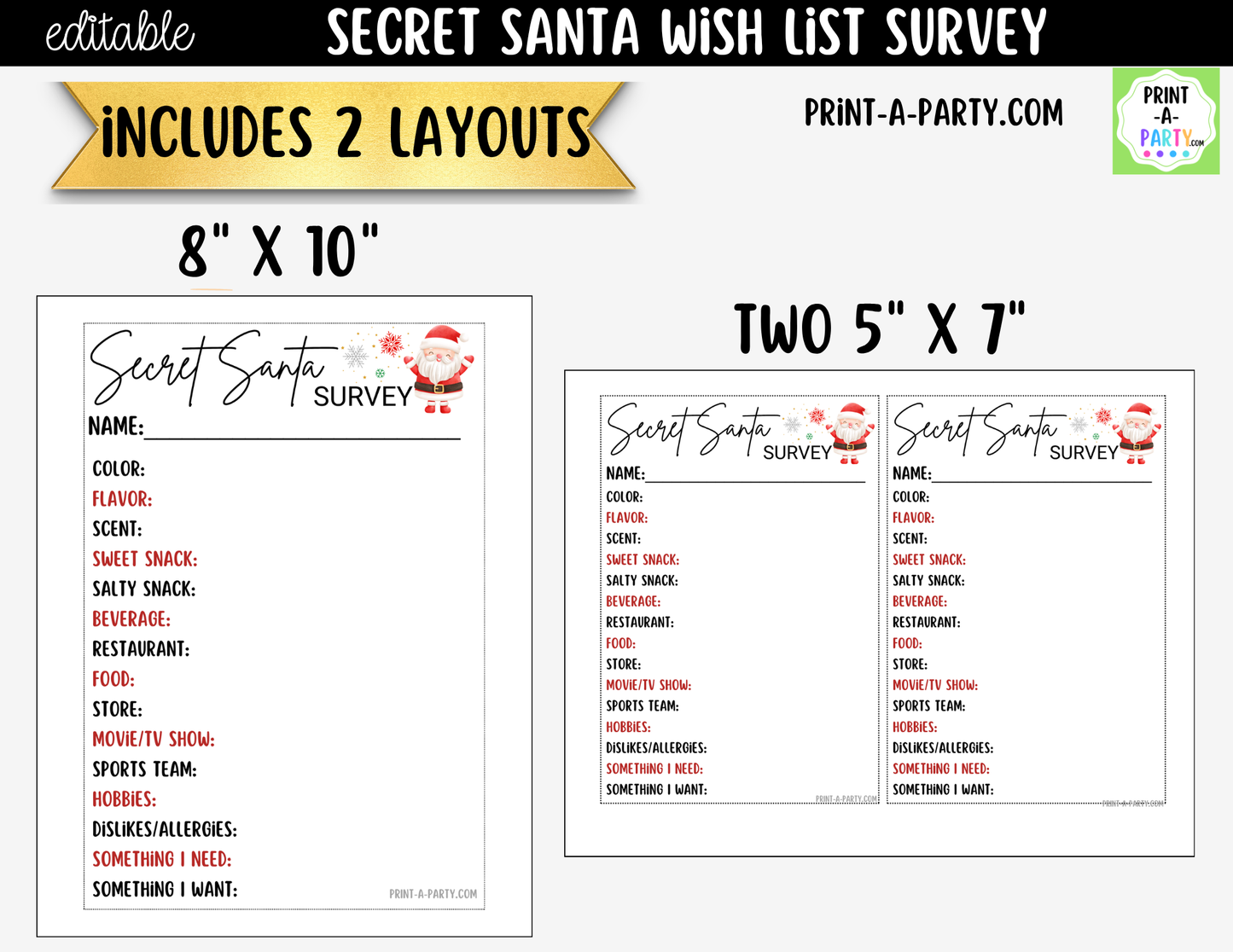 Secret Santa Wish List Printable | Holiday Gift Exchange Survey Cards