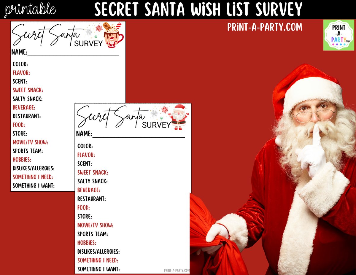 Secret Santa Wish List Printable | Holiday Gift Exchange Survey Cards