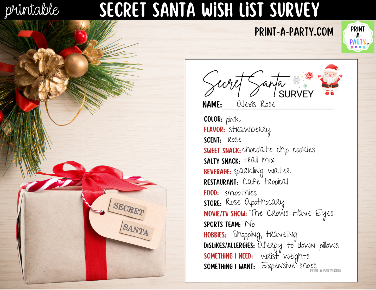 Secret Santa Wish List Printable | Holiday Gift Exchange Survey Cards