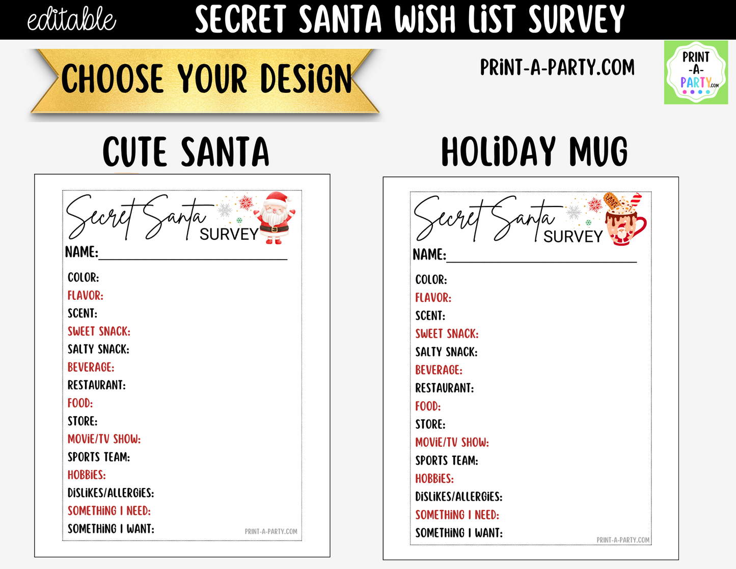 Secret Santa Wish List Printable | Holiday Gift Exchange Survey Cards