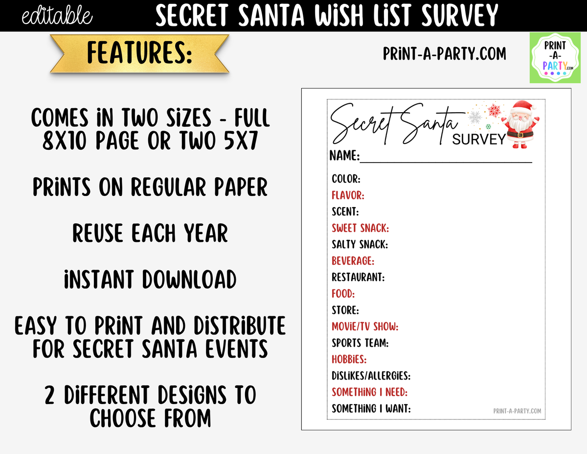 Secret Santa Wish List Printable | Holiday Gift Exchange Survey Cards